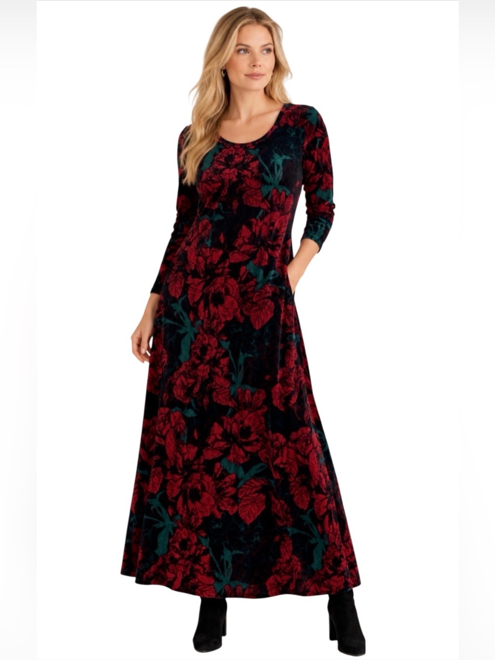 Soft Surroundings Santiago Stretch Velvet Maxi Dress Black Red Floral NWT XS